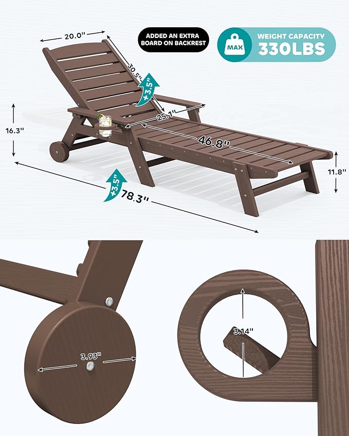 SERWALL Patio Chaise Lounge Chair Set of 2, 78'' Long 5-Positions Adjustable HDPE Outdoor Lounger for Pool, Poly Lounge Chair with Rolling Wheels & Cup Holder for Poolside, Deck, Coffee Brown