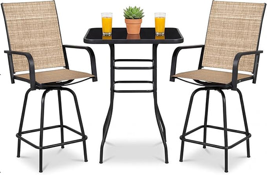 Homall 3 Piece Outdoor Patio Swivel Bar Stools Set, High Top Table with 2 Textilene Fabric Chairs, Counter Height Bistro Furniture for Balcony, Backyard, Poolside, Brown