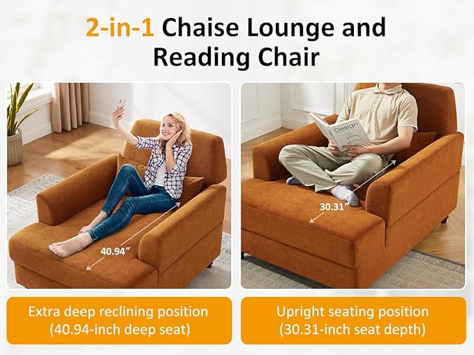 Chaise Lounge Chair Indoor with Adjustable Backrest, Upholstered Mid-Century Reading Chair, Oversized Accent Armchair for Living Room & Bedroom, Comfy Single Sofa Chair, Modern Living Room Chair