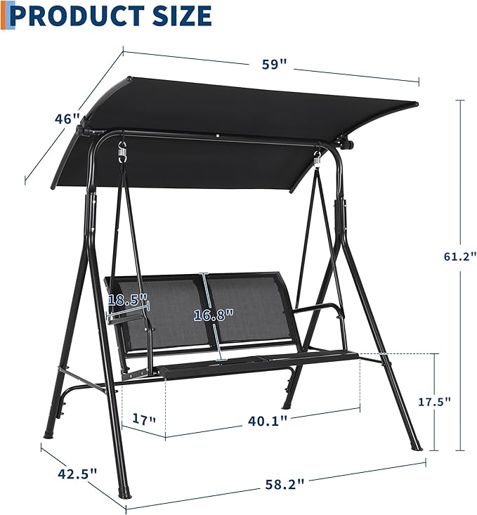 2-Seat Outdoor Patio Porch Swing with Stand, Waterproof Textilene & Adjustable Canopy, Steel Frame Swing Outdoor Chair for Backyard, Front Porch, Lawn, Garden