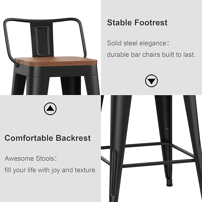 HAOBO Home 26" Outdoor Barstools Patio Stool Metal Bar Stools Set of 4 Counter Height Barstools with Wood Plastic Seat Industrial Bar Chairs Metal Kitchen Stools