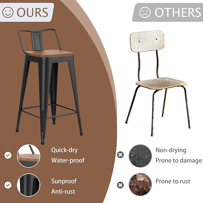 HAOBO Home 26" Outdoor Barstools Patio Stool Metal Bar Stools Set of 4 Counter Height Barstools with Wood Plastic Seat Industrial Bar Chairs Metal Kitchen Stools