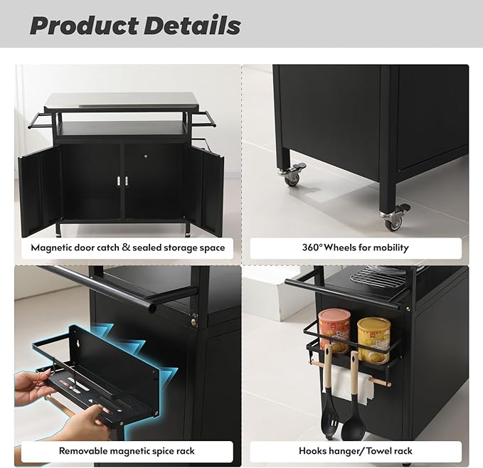 Nexaio XL Rolling Bar Grill Cart Outdoor Patio Furniture, Outdoor Grill Table with Stainless Steel Top for Kitchen Prep and Outdoor Storage Cabinet for Grilling Accessories, Black