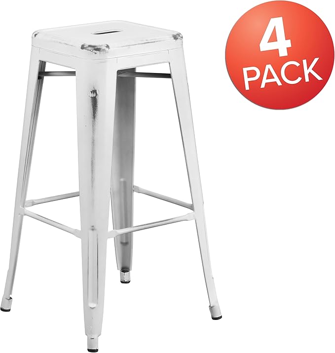 Flash Furniture Kai Commercial Grade 4 Pack 30" High Backless Distressed White Metal Indoor-Outdoor Barstool