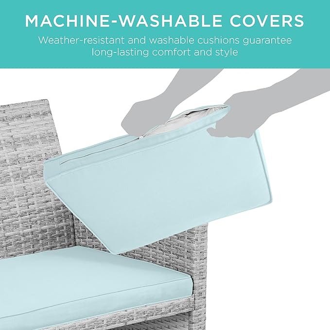 Best Choice Products 4-Piece Outdoor Wicker Patio Conversation Furniture Set for Backyard w/Coffee Table, Seat Cushions - Gray/Pastel Blue