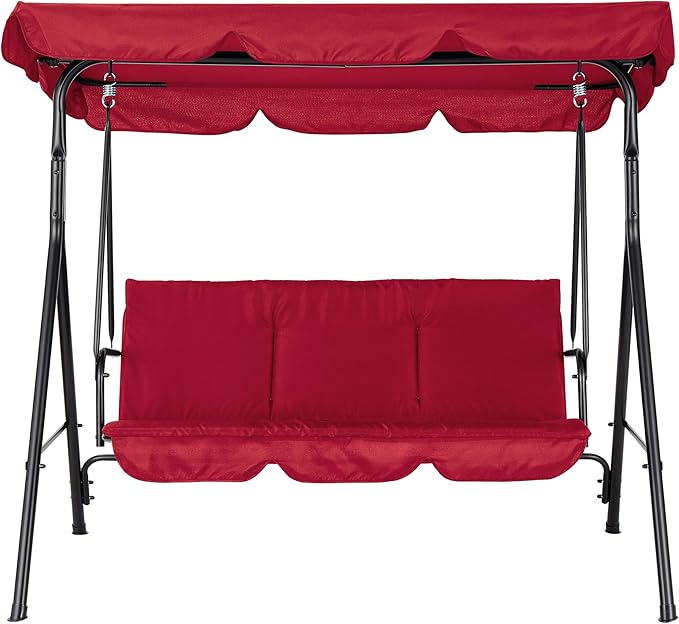 Porch Swing Chair with Adjustable Canopy for Adults 3-Seat Patio Glider Bench with Thick Cushions Steel Frame Outdoor Swing Chair for Backyard Lawn Garden Red