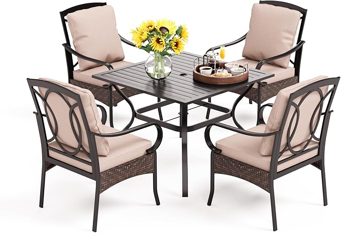 PHI VILLA 5-Piece Outdoor Dining Sets, All-Weather Patio Table and Chairs Set for 4, Heavy Duty Patio Table Set Square for Deck, 4 Extra Large Outdoor Metal Wicker Dining Chairs with Thick Cushions