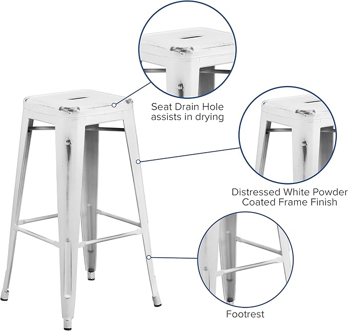 Flash Furniture Kai Commercial Grade 4 Pack 30" High Backless Distressed White Metal Indoor-Outdoor Barstool