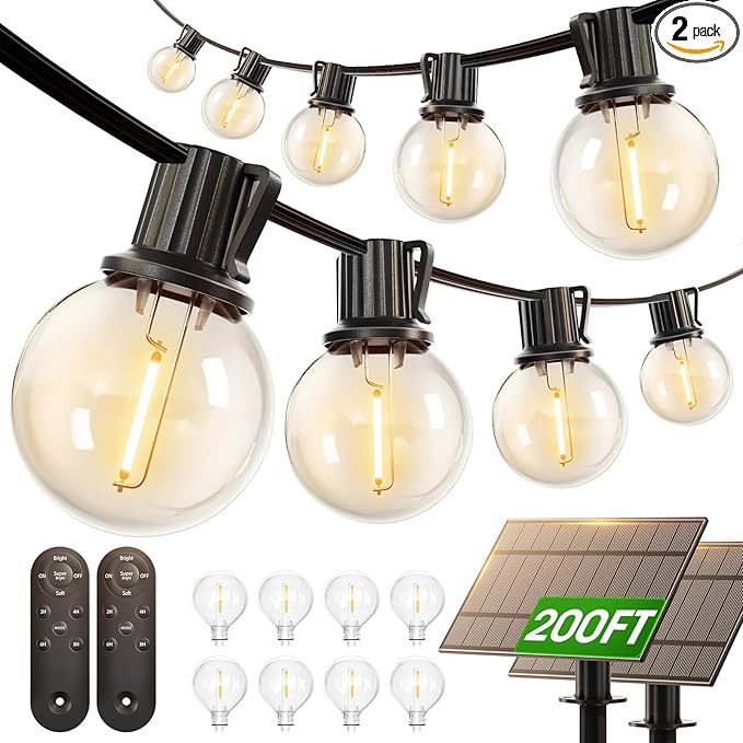 addlon 200FT(2 Pack*100FT) Solar String Lights Outdoor Waterproof with Remote, Dimmable Commercial Grade Solar Powered String Lights with 108 LED Bulbs, Hanging Light for Backyard Party Decor