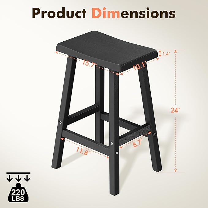 NUNU LAB Waterproof Barstools Set of 2-24 Inch HDPE Dining Height Indoor/Outdoor Stools with Curved Backrest, UV Resistant Kitchen Breakfast Nook Chairs for Dining Room,Patio,Small Space (24")