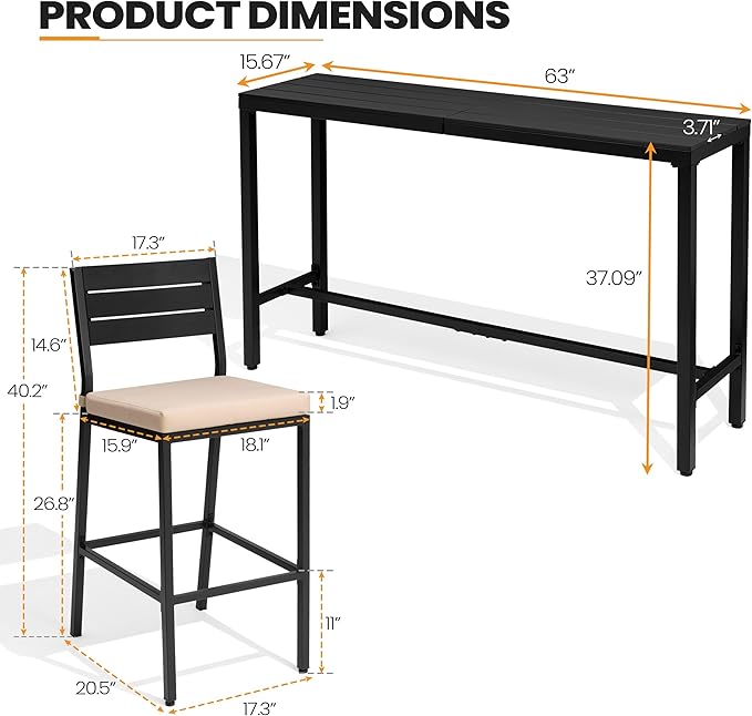 Crestlive Products Outdoor Bar Table and Chairs Set, 3 Piece Outside Patio Bar Set with 63" Long Bar Table and 2 Bar Stools for Balcony, Bistro, Garden, Backyard(Black Desktop and Beige Cushion)