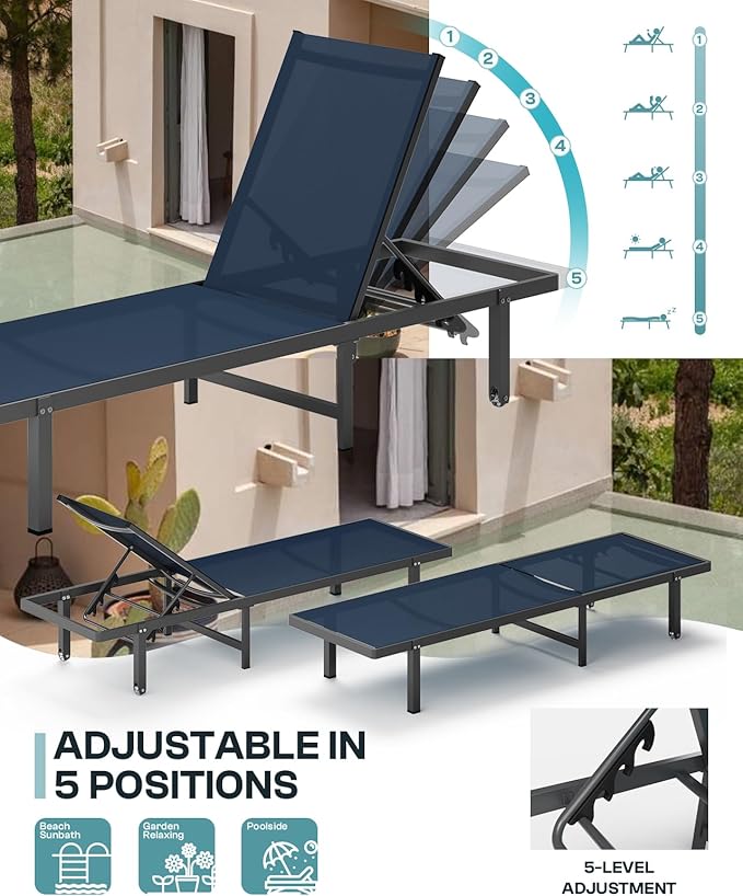 Aluminum Outdoor Lounge Chairs Set of 2, Pool Lounge Chairs with Wheels and 5-Position Recliner -Easy to Move- Patio Chaise Lounge Outdoor for Poolside, Deck, Beach (NavyBlue)