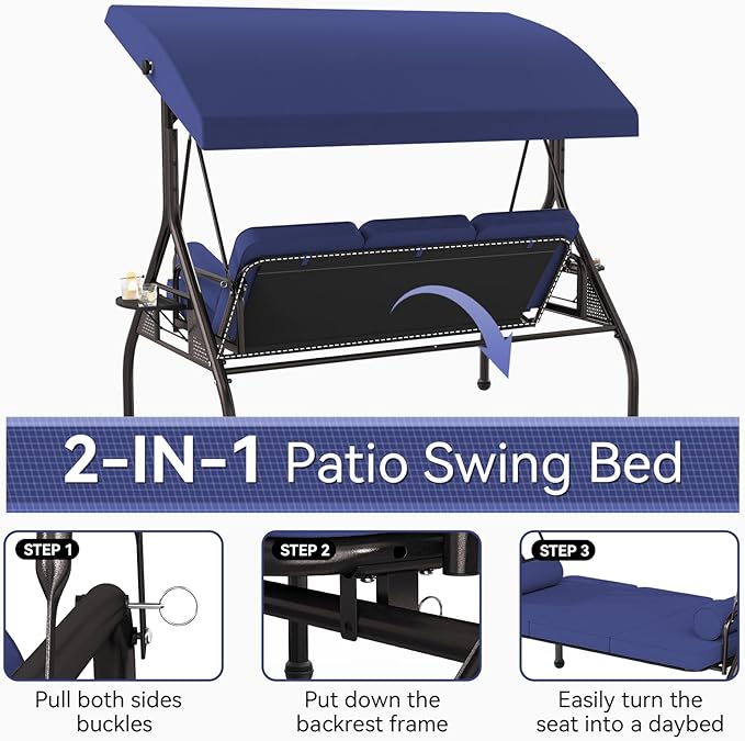 Oakcloud 3-Seat Outdoor Porch Swing with Adjustable Canopy, Large Converting Swing Chair, Patio Swing Glider with Pillows & Thick Cushions for Poolside Balcony Backyard (Blue)