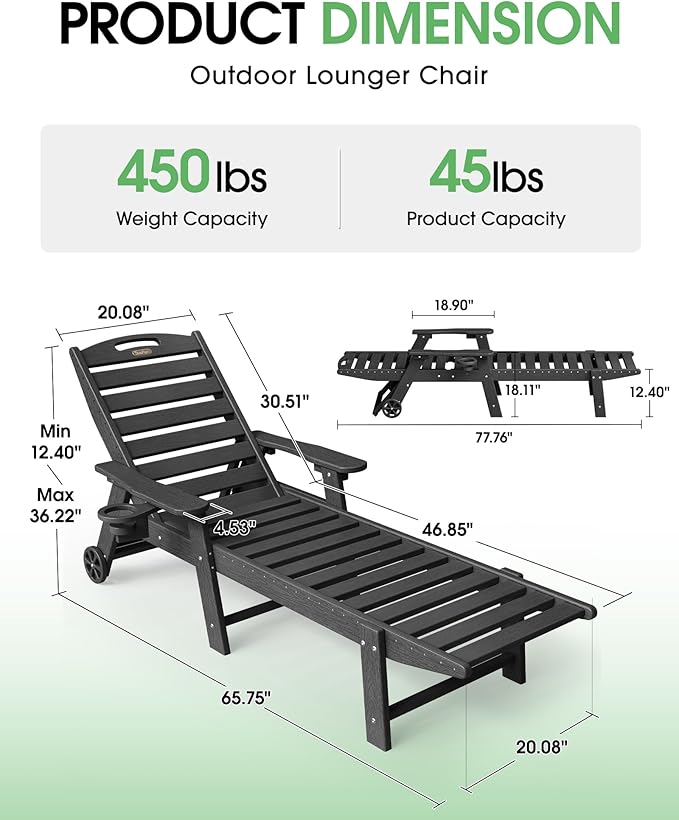 Lounge Chair Outdoor Set of 2, HDPE Chaise Lounge Outdoor, Pool Lounge Chair for Pool Poolside Deck Backyard Patio, Black