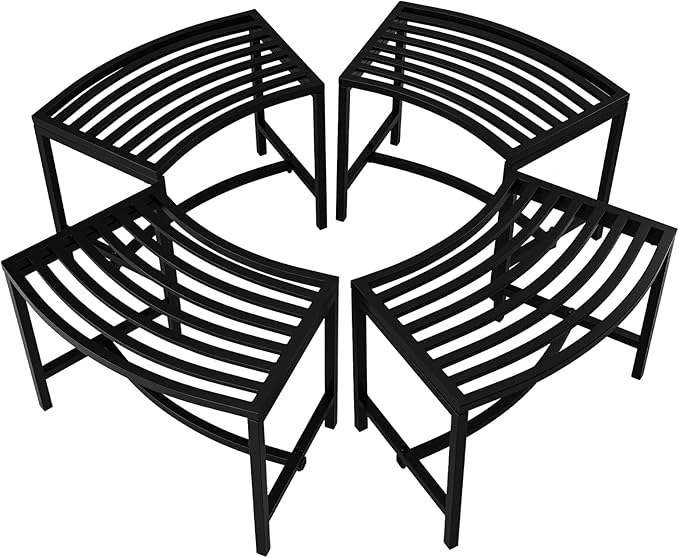 VINGLI Outdoor Metal Curved Bench, Weatherproof Fire Pit Bench Set of 4, Heavy Duty Steel Backless Benches, Metal Outside Seating for Garden, Patio, Plant Stand and Holder