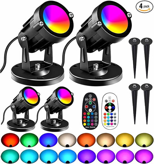 RGBW 8W LED Spotlight with Remote, 16 Color Changing Landscape Lighting for Outdoor Indoor, 120V Plug-in & 6FT Cord, Spotlight Flag Light for Garden Tree (4)