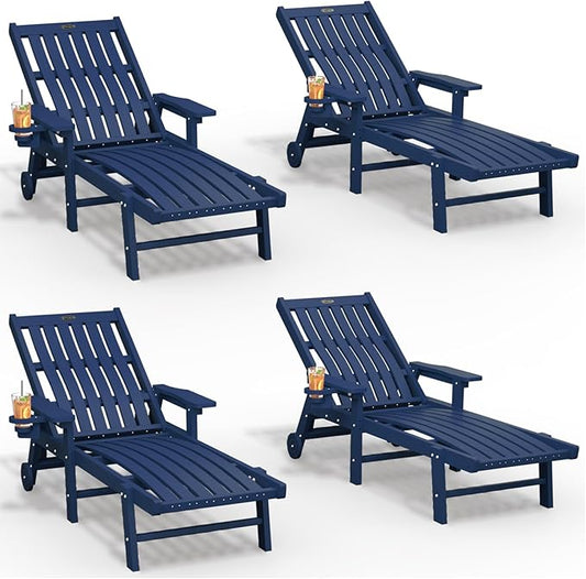Patio Chaise Lounge Chair Set of 4, Oversized Lounge Chair Outdoor with 5 Positions, HDPE, Patio Lounge Chair with Wheels & Cup Holder for Pool, Deck, Poolside,Navy Blue