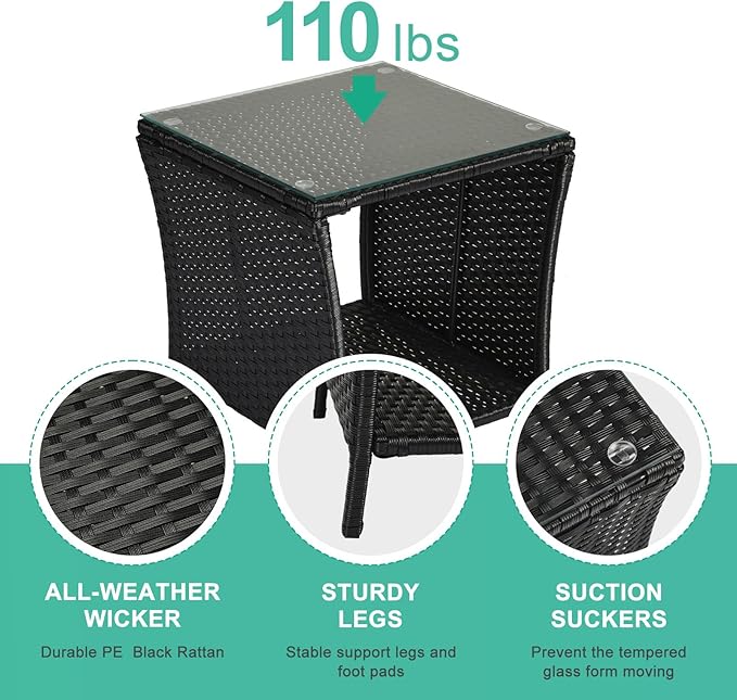Wicker Rattan Side Table, Outdoor Square Rattan Coffee End Table with Tempered Glass Top and Storage for Patio Porch Lawn (Black)