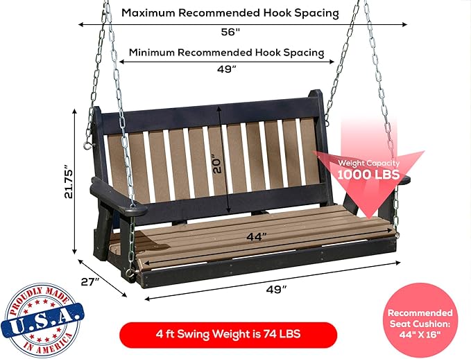 Poly Lumber Wood 4FT Mission Porch Swing Amish Craftsmandship Made in USA HDPE with No Wood fibers 1000 lbs Limit. Stainless Steel Hardware.Signature Design for Patio Outdoor Backyard Garden Park