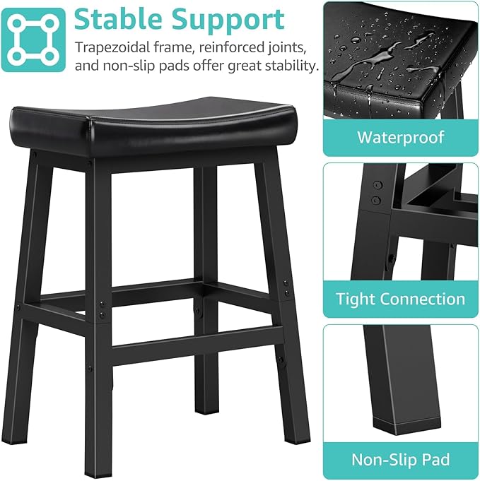 24 Inch Bar Stools Set of 2 for Kitchen Island, Kitchen Chairs Counter Height Stools with Footrest, Black Saddle Leather Barstools Heavy Duty for Dining Table Farmhouse Outdoor