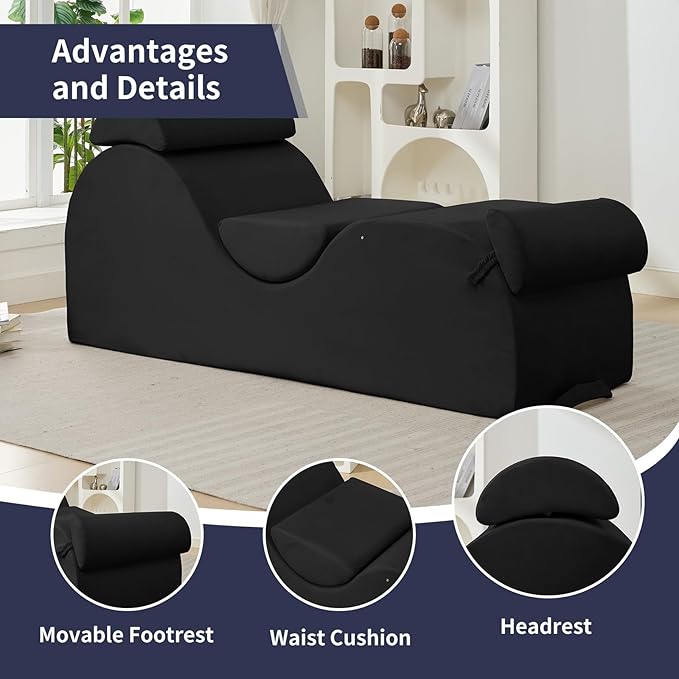 ijuicy Sleek Chaise Lounge Chair for Exercise/Yoga, Indoor Lounger with Headrest, Waist Cushion, Movable Footrest, Side Pockets, Non-Slip Bottom, High Density Sponge, Black
