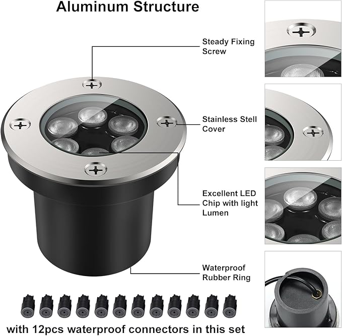 JESLED Outdoor Landscape Lights, 6W LED In Ground Well Lights, 12V 24V 3000K Warm White, IP67 Waterproof Low Voltage Landscaping Spotlight for Driveway Deck Step Yard Fence Garden Pathway (6 Pack)
