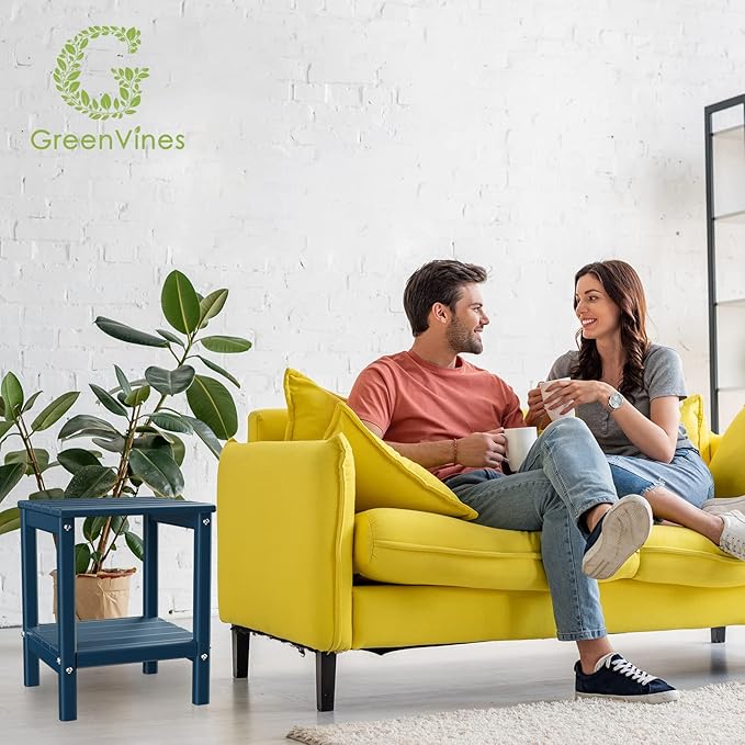 GREENVINES Adirondack-Outdoor-Side-Table | 14 x 13 Inches | HDPE Plastic | All Weather | Blue | Outside End Tables | Storage Shelf | for Patio Porch Backyard Indoor