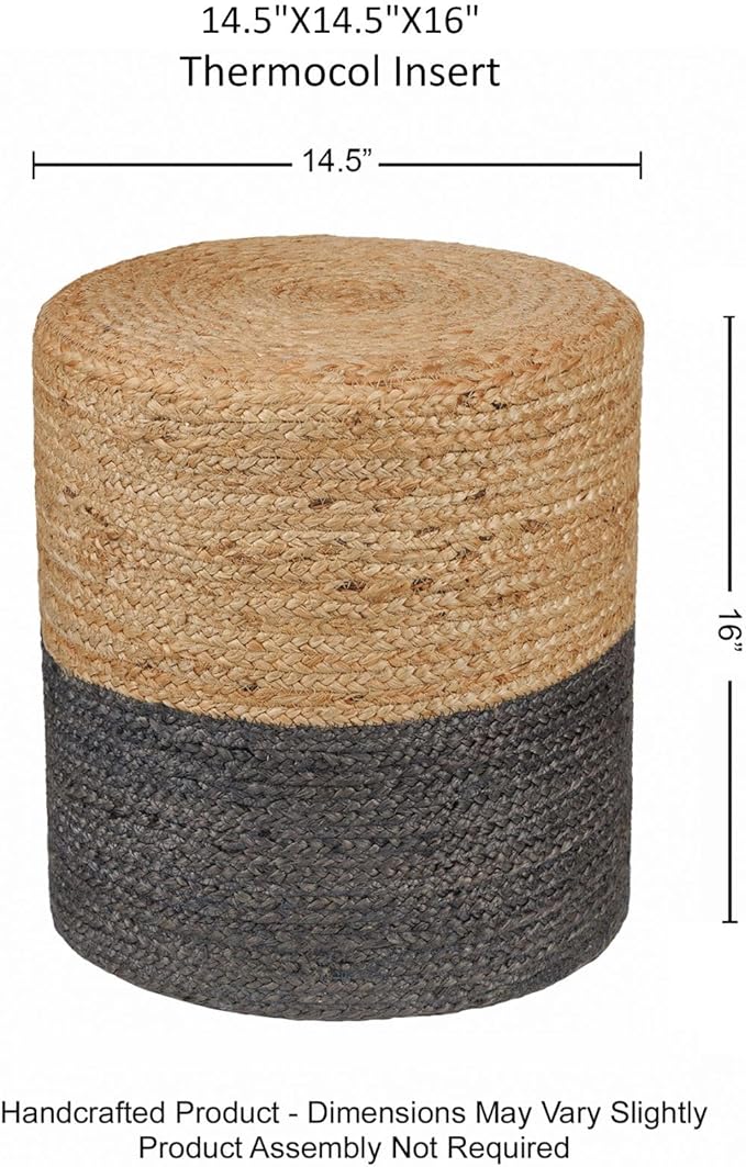REDEARTH · Cylindrical Pouf Foot Stool Ottoman - Jute Braided Pouffe Poof Accent Sitting Footrest for The Living Room, Bedroom, Nursery, Patio, Lounge & Other Rooms (14.5”X14.5”X16”; Natural Gray)