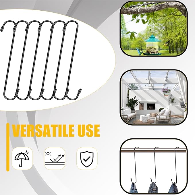 6 Pack 12 Inch Large S Hooks for Hanging Plants,Black Extra Matel Heavy Duty Hook for Hang Brsket,Bird House,Clothes,Kitchenware