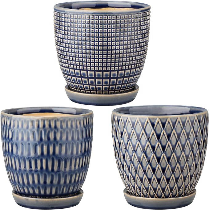 Oairse 4 inches Ceramic Planter Pots 3 Set of Small Round Flower Pots with Drainage Hole and Ceramic Tray for Succulents Cactus Indoor Outdoor Garden Home Windowsill