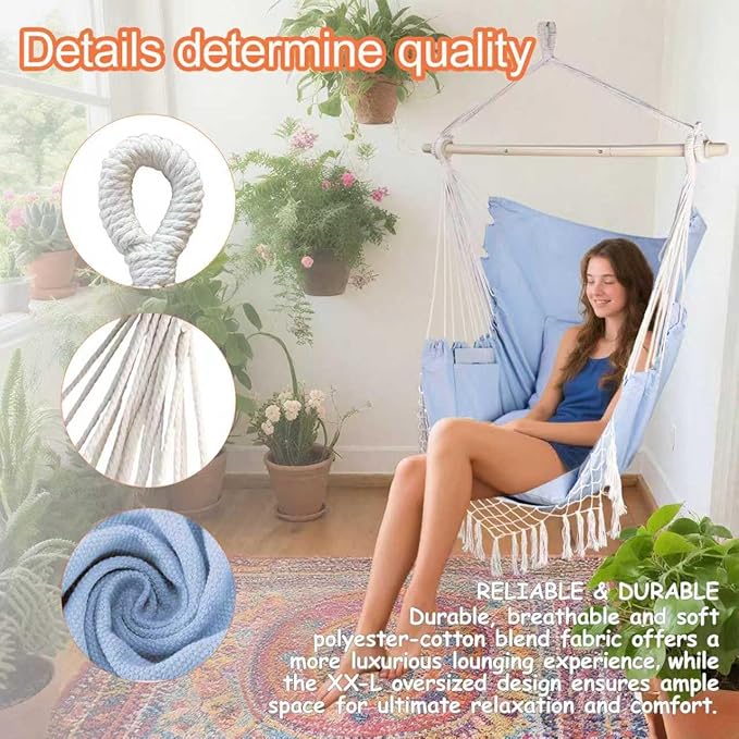 Hammock Chair Hanging Rope Swing Chair,Max 450 Lbs, Large Hanging Chair with Pocket, 2 Cushions, Steel Bar with Anti-Slip Rings, Hardware Kit Included, Comfortable for Indoor Outdoor (Blue)