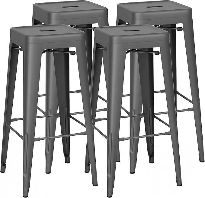 Shahoo 30 Inches Metal Bar Stools Counter Height Stackable Backless Stools, Industrial Patio Stools Indoor Outdoor Metal Kitchen Stools Set of 4 (Grey, 30'')