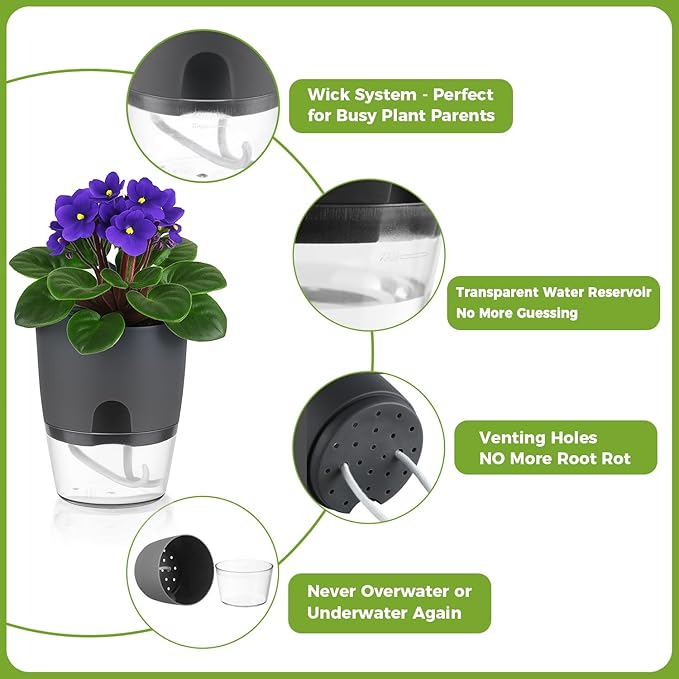 8 Pack Self Watering Pots for Indoor Plants, PlanterHoma 3.2 Inch Plant Pot Plastic Self Watering Planter for Orchid, African Violet, Mini Clear Flower Pots with Drainage Holes and Wicking Rope, Grey