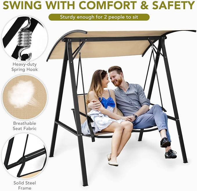 Tangkula 2-Person Patio Swing, Weather Resistant Porch Swing with Adjustable Canopy, Steel Frame, Outdoor Modern Canopy Swing with Handrails, Suitable for Porch Garden Poolside (Coffee)