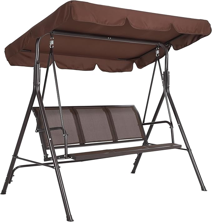 Porch Swing with Adjustable Canopy for Adults 3-Seat Outdoor Waterproof Textilene & Steel Frame Patio Swing Bench for Backyard Lawn Garden Brown