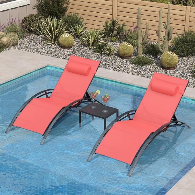 PURPLE LEAF Patio Oversized Chaise Lounge Chair Set with Side Table Poolside Adjustable Recliner Chairs for Outside Beach Outdoor Pool Sunbathing Tanning Lounger, Coral Red