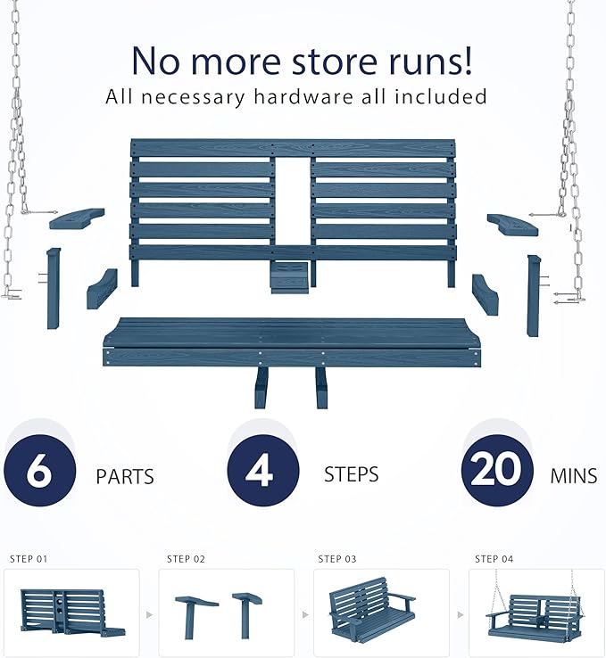 KINGYES Outdoor Hanging Patio Swing Set of 2, 2 Seat Swing Chair with Cup Holders, Waterproof Bench for Courtyard & Garden, 660LBS Weight Capacity, Blue
