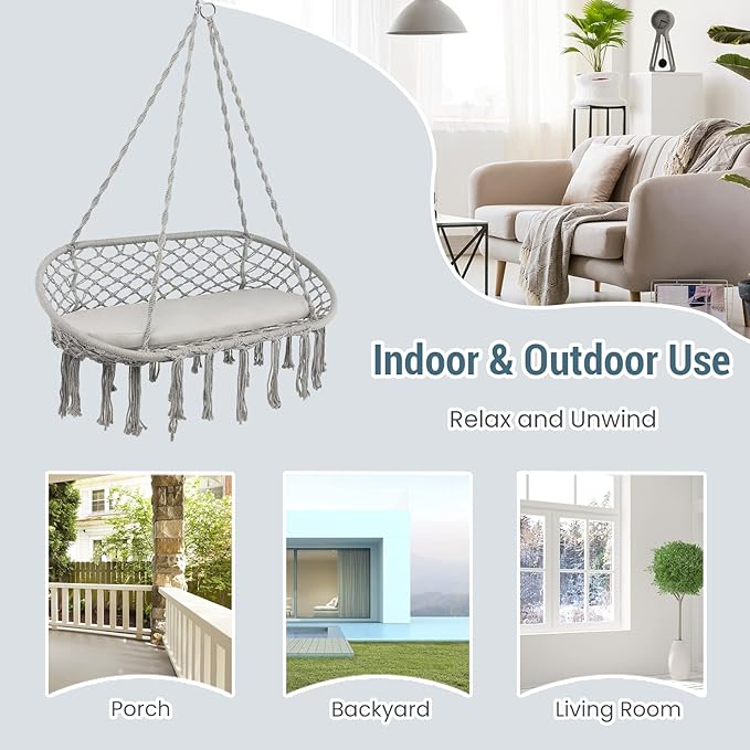 Giantex 2-Seat Hammock Chair, Macrame Swing with Cushion, Hanging Cotton Ropes, Metal Frame, Hanging Chair with 440 Lbs Capacity for Hammock Stand, Living Room, Patio, Balcony, Backyard (Gray)