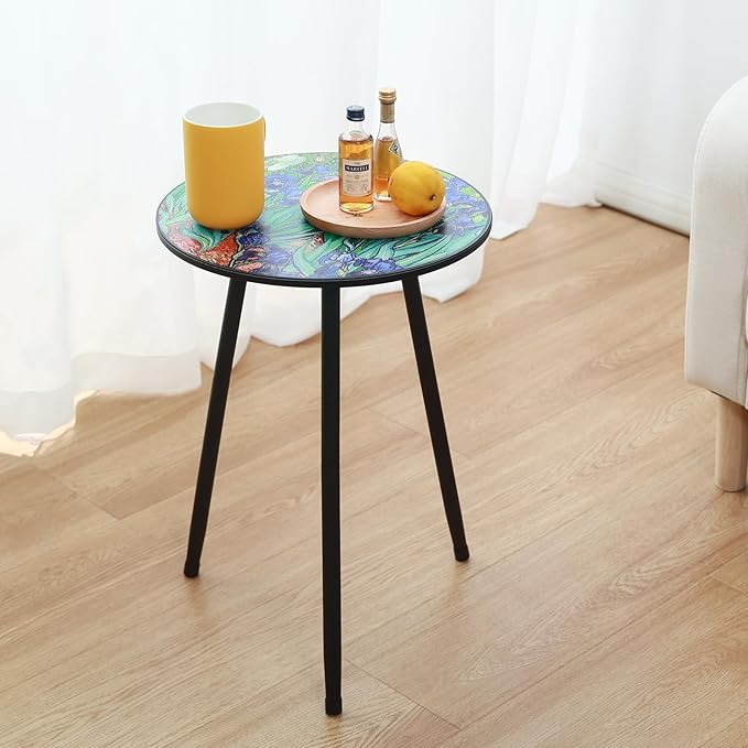 2 Packs Metal Outdoor Side Table Irises Patio Side Tables for Outside Small End Tables Round Patio Coffee Table Plant Stand for Balcony, Indoor, Bedroom, Living Room, Small Space