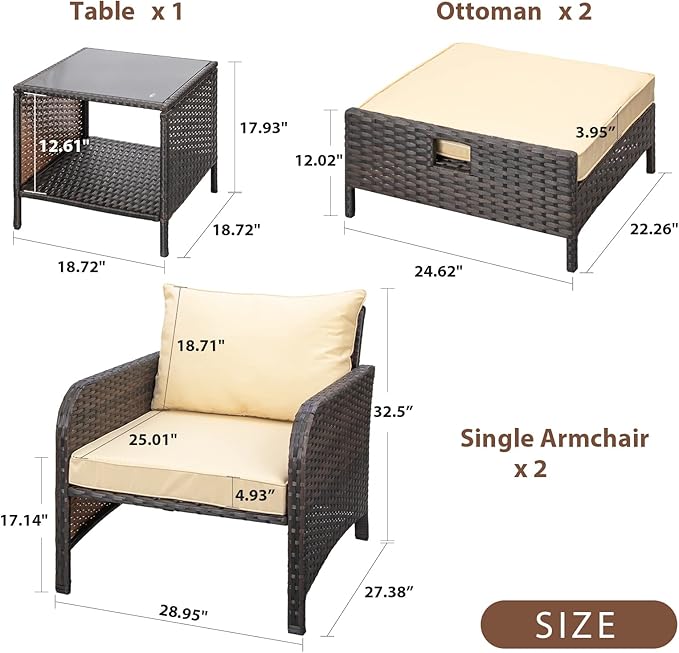 LEVELEVE Balcony Furniture 5 Piece Patio Conversation Set, PE Wicker Rattan Outdoor Lounge Chairs with Soft Cushions 2 Ottoman&Glass Table for Porch, Lawn-Brown Wicker