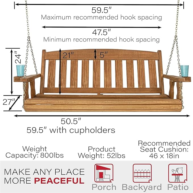 Amish Casual Heavy Duty 800 Lb Mission Treated Porch Swing with Hanging Chains and Cupholders (4 Foot, Cedar Stain)