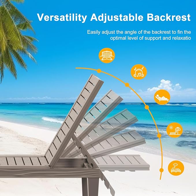 EasyUp Resin Chaise Lounge Chairs with 5-Position Backrest, UV & Fade-Resistant, Waterproof for Garden, Pool, Beach & Patio (Set of 1-Grey)