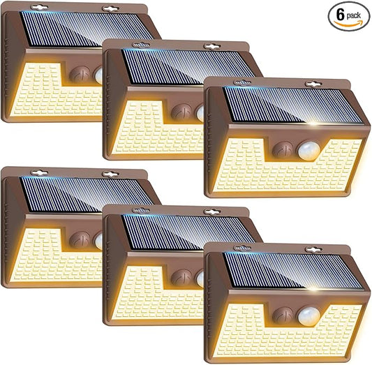 Peasur Solar Lights Outdoor Motion Sensor Waterproof, 6Pack 140LED Brown Solar Powered Fence Light, 3 Modes Security Wall Lights for Garden Yard Outside(Warm White)