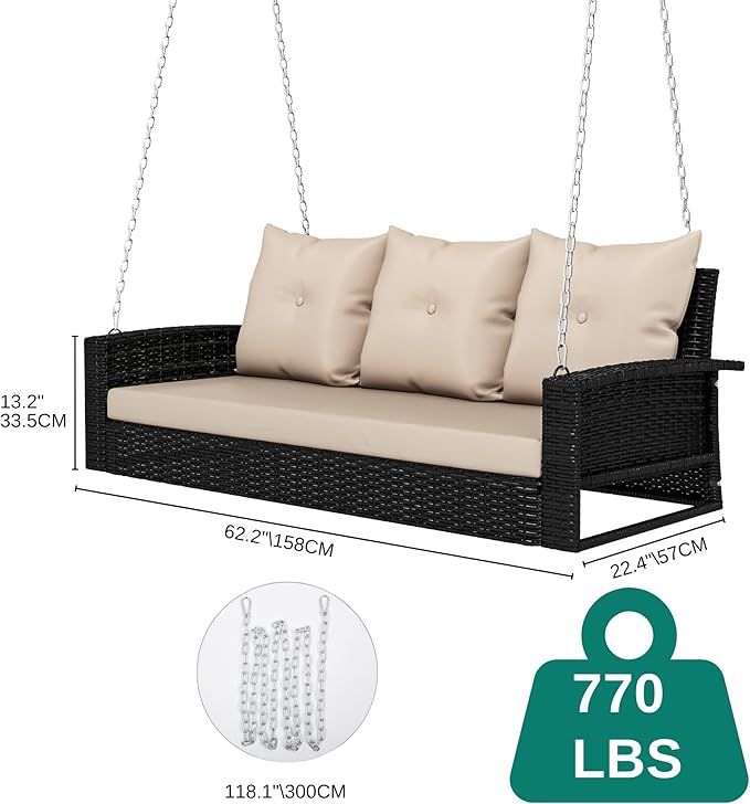 YITAHOME 3-Seats Outdoor Hanging Porch Swing Chair Rattan Black Wicker Patio Swing Chair with Swing Lounge 3 Light Brown Back Cushions Capacity for Garden, Balcony, Courtyard, Gazebo, Porch