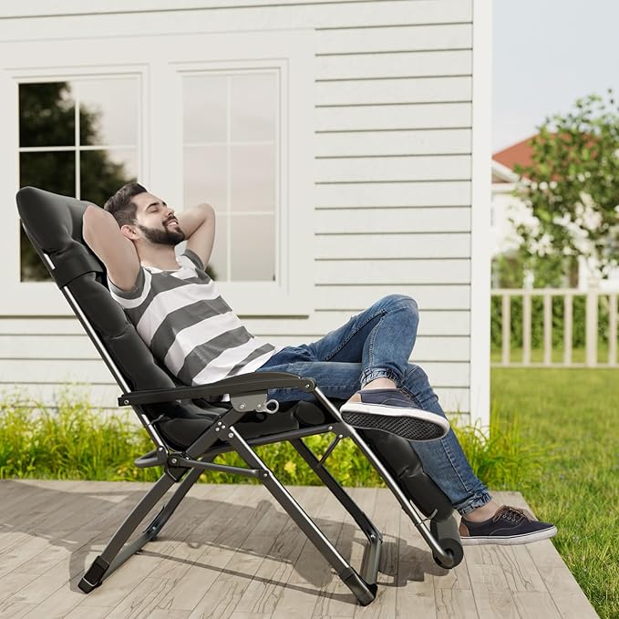 UDPATIO Oversized Zero Gravity Chair Set of 2, 33In XXL Patio Reclining Chair with Cushion, Outdoor Folding Recliner with Pillows|Cup Holder|Foot Rest|Padded Headrest, Brown Grey, Support 500LB