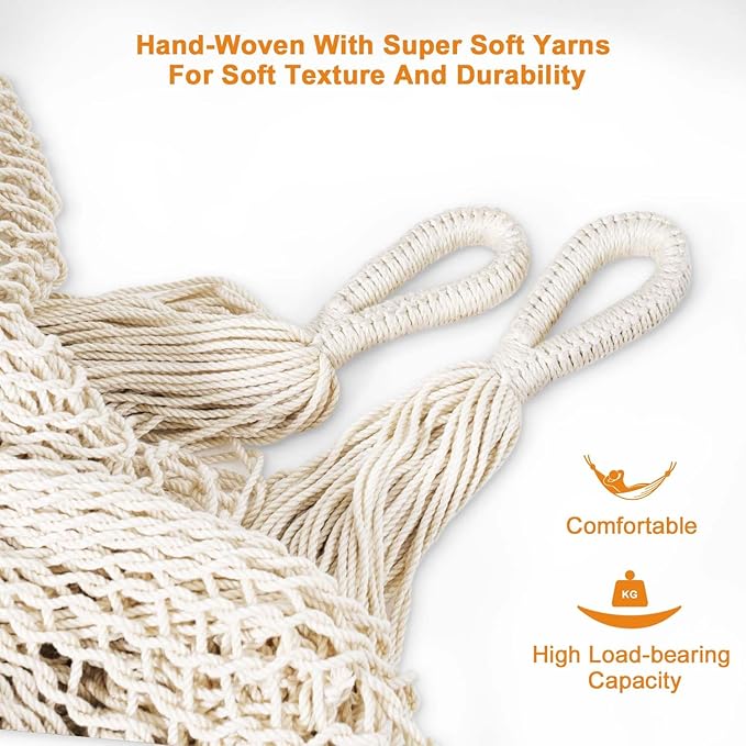 Lazy Daze Hammocks Handwoven Mayan Hammock, 10.5 FT Soft Rope Double Hammocks, Portable Outdoor Hammock with Carry Bag, 2 Straps & Carabiners for Patio Outside, 550 lbs Weight Capacity, Natural