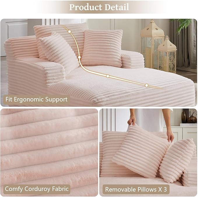 66" Chaise Lounge Chair Indoor, Oversized Boneless Couch Comfy Upholstered Sleeper Sofa Bed with 3 Pillows, Corduroy Cloud Reading Chair for Living Room No Assembly Required, Pink