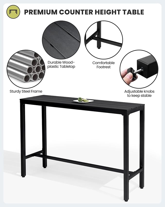 Crestlive Products Outdoor Bar Table and Chairs Set, 3 Piece Outside Patio Bar Set with 55" Long Bar Table and 2 Bar Stools for Balcony, Bistro, Garden, Backyard(Black Desktop and Light Gray Cushion)