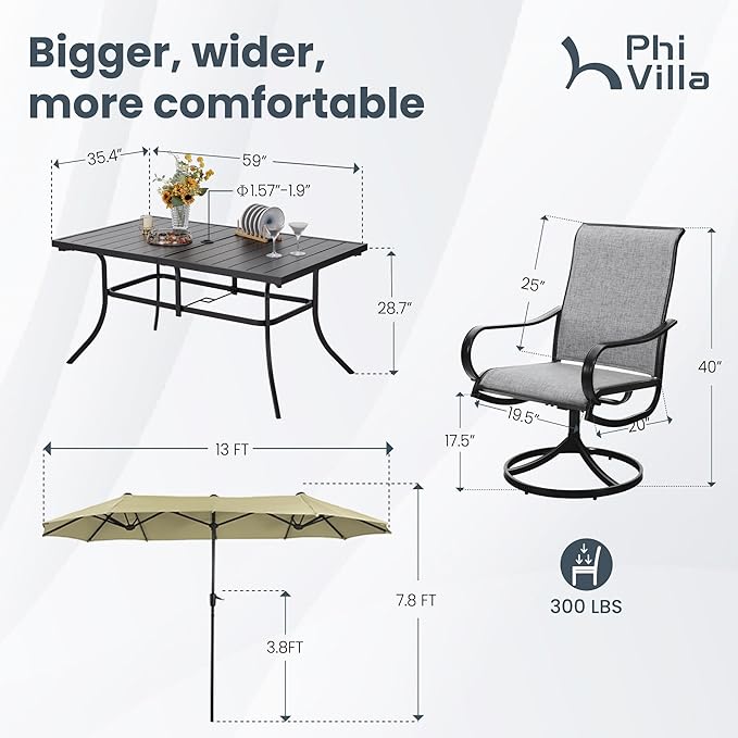 PHI VILLA 8 Piece Patio Dining Set with 13ft Patio Umbrella (Beige), 6 Outdoor Swivel Dining Chairs & 1 Large Metal Dining Table with 1.57" Umbrella Hole, for Deck Lawn Garden