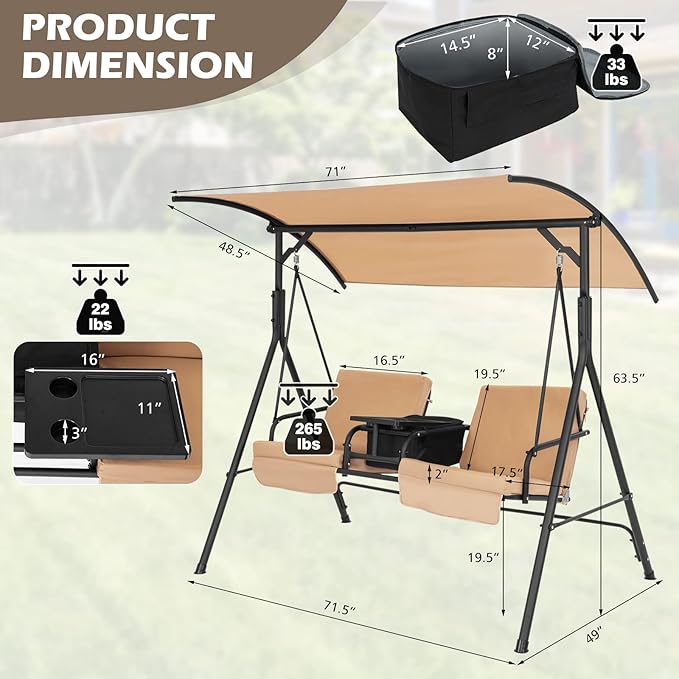 Tangkula 2 Person Porch Swing, Outdoor Swing with Pivot Storage Table, Cooler Bag, 2 Cup Holders, Removable Cushions, Patio Swing with Canopy for Backyard Balcony Poolside (Brown)